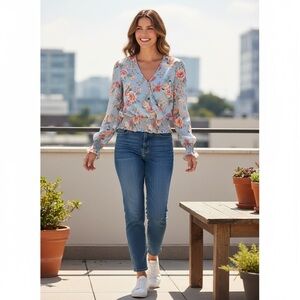 Ultra Flirt Floral Wrap Blouse in Blue and Pink